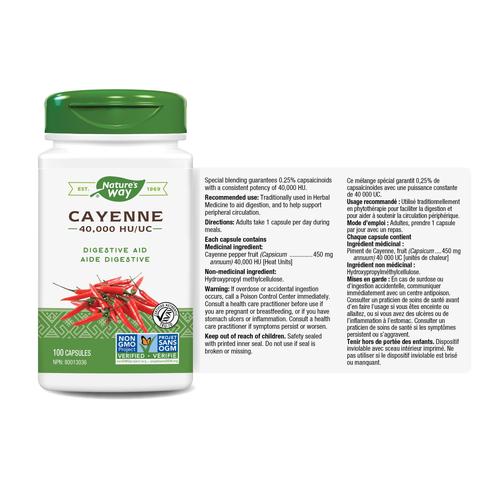 Nature's Way Cayenne 40,000 HU 450mg 100 caps Canadian label information