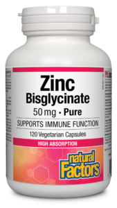 Bottle of Natural Factors Zinc Bisglycinate, 50 mg, with 120 vegetarian capsules, in a white and pink label.