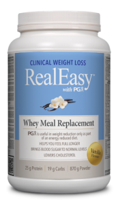 A container of Natural Factors RealEasy with PGX Whey Meal Replacement in Vanilla flavor, 870g size.