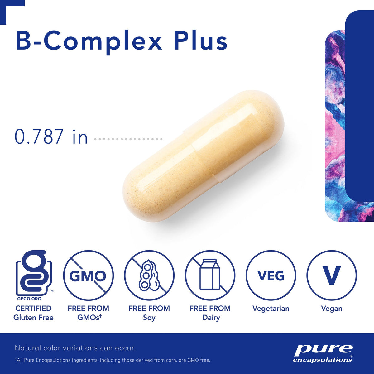 B-Complex Plus supplement capsule with certification icons and product details on a white background Pure encapsulation nitvd.com canada