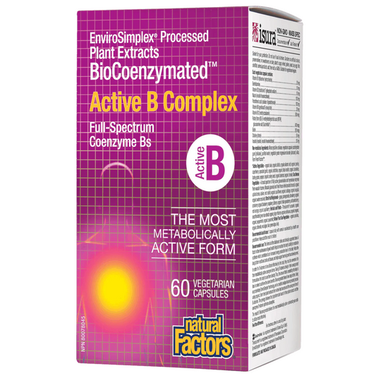Box of EnviroSimplex Active B Complex supplement with purple and yellow design by Natural Factors.  Available online at nitvd.com Canada