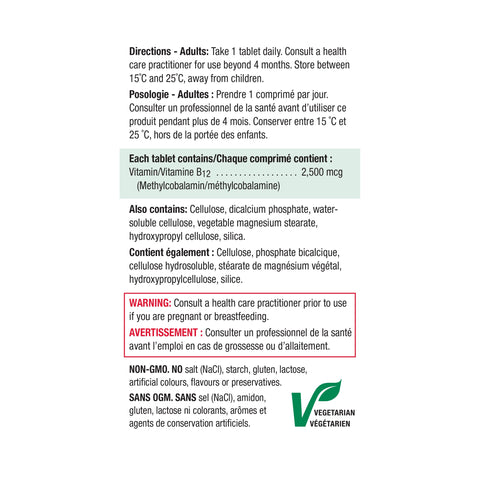 健美生 Jamieson Vitamin B12 2,500mcg Time Release, 60 tablets Canada ingredient information panel