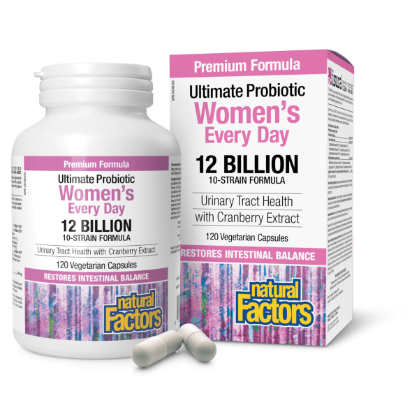 Probiotic supplement bottle and packaging for women's health by Natural Factors on a white background.  English Canadian version