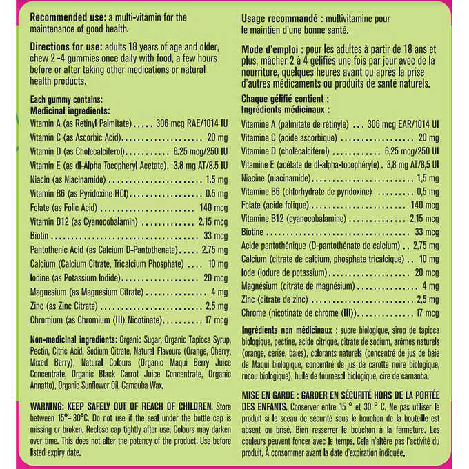 Kirkland Adult Multi-Vitamin Gummies 250 gummies canadian label ingredients directions