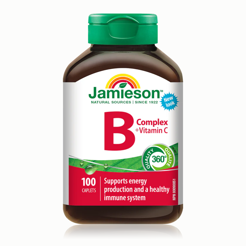 Jamieson B Complex + Vitamin C supplement bottle on a white background