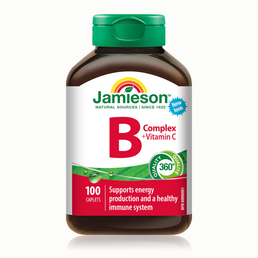 Jamieson B Complex + Vitamin C supplement bottle on a white background