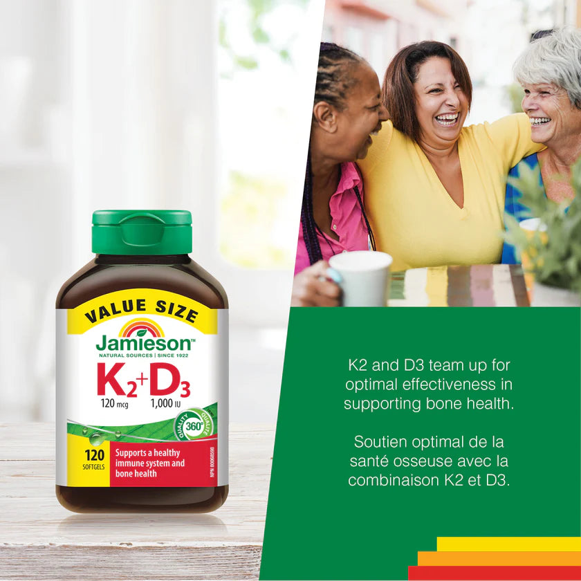 Jamieson K2+D3 supplement bottle with three women smiling in the background