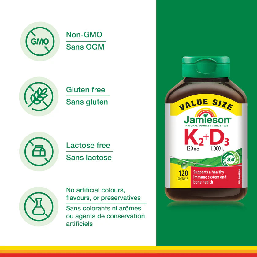 Jamieson K2+D3 supplement bottle with green label on a green background