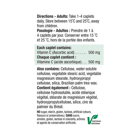 Vitamin C supplement label with directions and ingredients on a white background