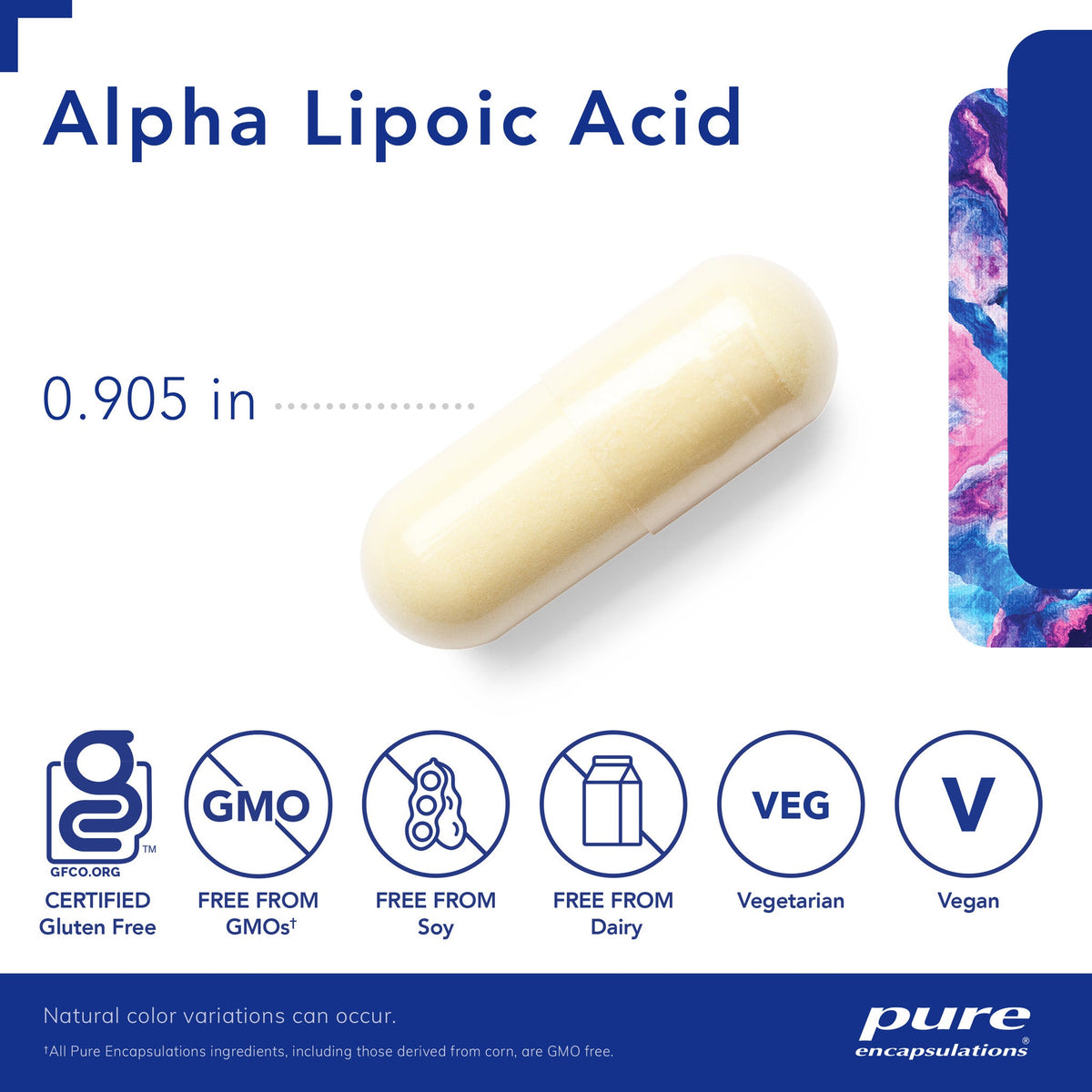 Alpha Lipoic Acid supplement capsule with certification icons and product details on a white background. available online nitvd.com
