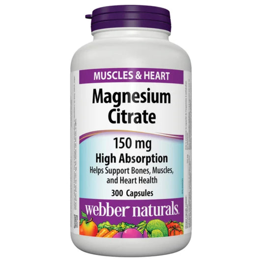 Webber Naturals Magnesium Citrate supplement bottle on a white background 300 capsules Canadian version natvd