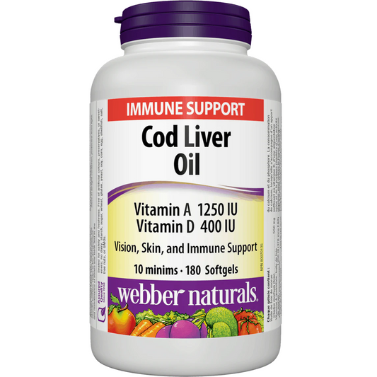 Cod liver oil supplement bottle with label on a white background Webber Natural Canada nitvd.com 180 softgels