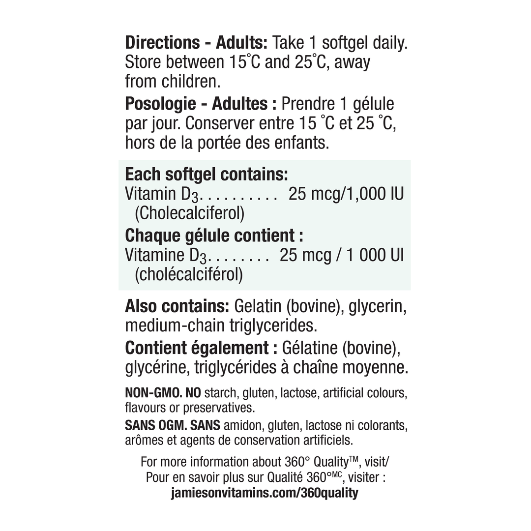 Jamieson Essentials Vitamin D 1000 IU, 150 Softgels +30's Free