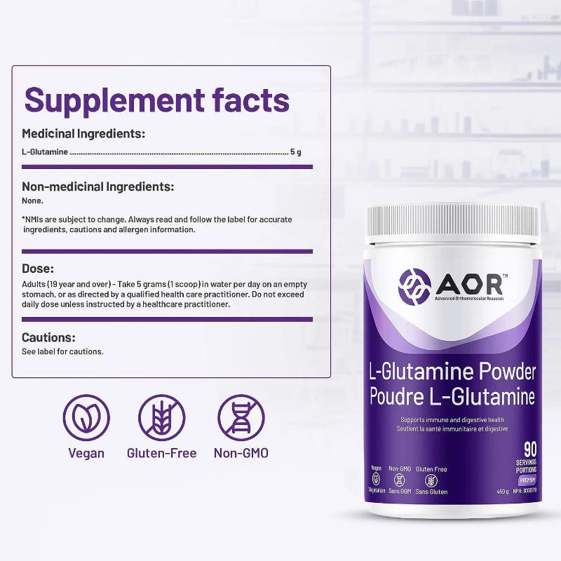 AOR L-Glutamine Powder 5000mg, Unflavoured, 450 g, 90 Servings