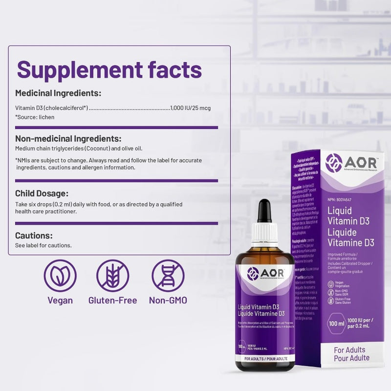 AOR 維生素 D3 滴劑 1000 IU (成人適用) 100 毫升 促進鈣質吸收，維持骨骼與牙齒健康