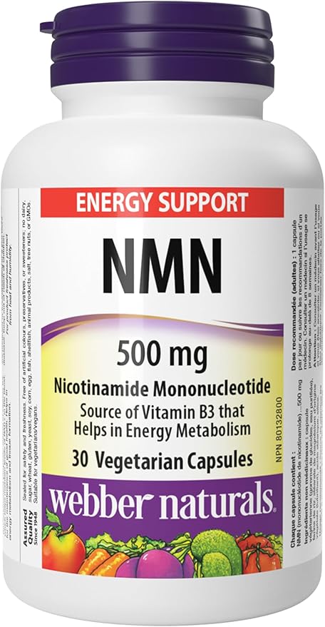 Webber Naturals NMN Supplement white bottle with purple cap.  30 vegetarian capsules Canadian label version natvd
