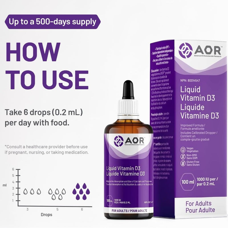 AOR 維生素 D3 滴劑 1000 IU (成人適用) 100 毫升 促進鈣質吸收，維持骨骼與牙齒健康