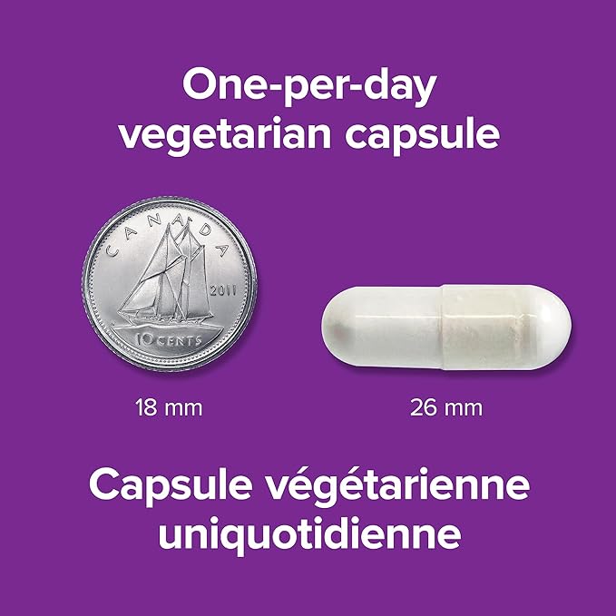 Comparison of size for a vegetarian capsule with a Canadian coin on a purple background