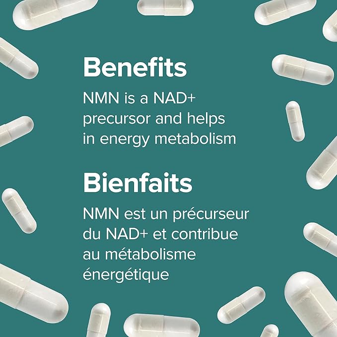 White capsules on a teal background with text about NMN and its benefits.  natvd best shop online