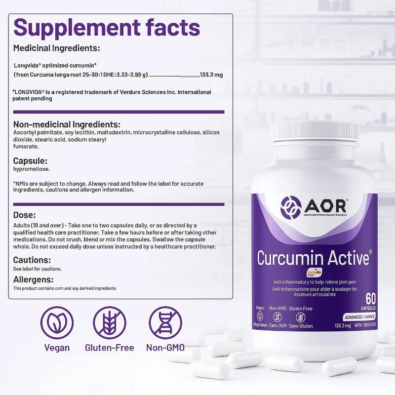 AOR 活性薑黃素 133.3毫克 60粒素食膠囊 緩解運動或炎癥引起的關節疼痛