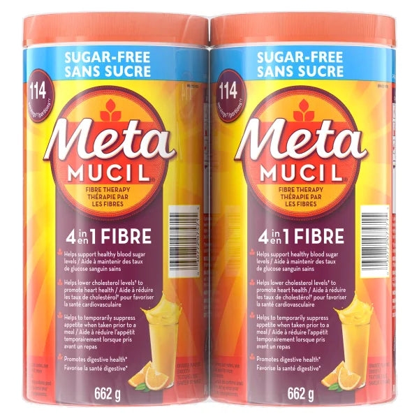 Two containers of Meta Mucil 4-in-1 Fibre on a white background