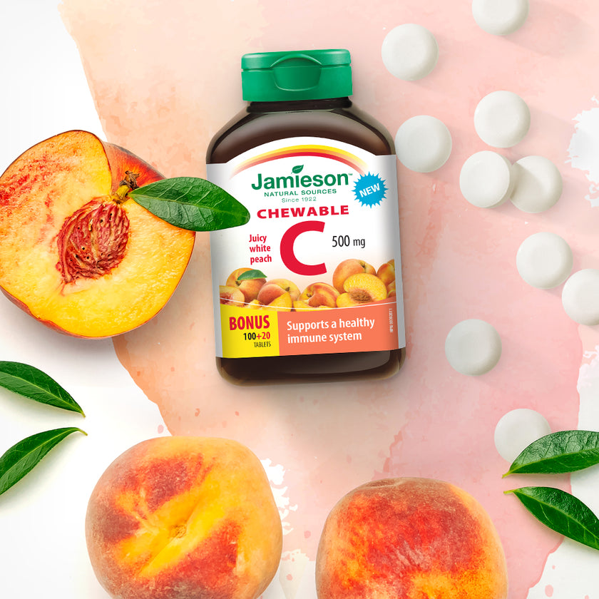 Jamieson Vitamin C 500mg Chewable Juicy White Peach, 100 tablets + 20 FREE BONUS