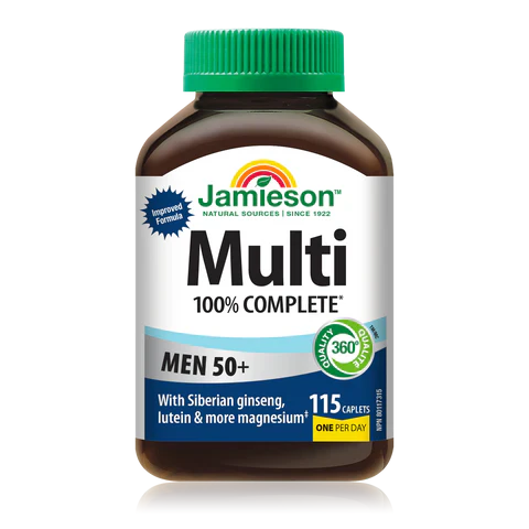 Jamieson Multi 100% Complete supplement bottle for men 50+ on a white background sold by nitvd.com
