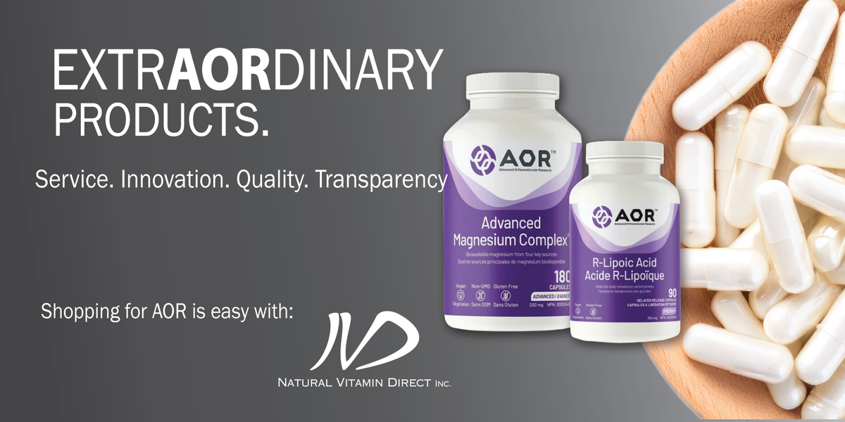 Promotional banner for AOR supplements showing two white supplement bottles with purple labels on a dark gray background, alongside a wooden bowl filled with white capsules. Text reads 'extAORdinary PRODUCTS. nitvd.com