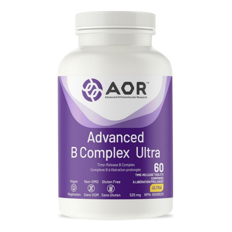 A white plastic bottle of AOR Advanced B Complex Ultra dietary supplement with a purple and white label, containing 60 time-release tablets. nitvd.com Canada