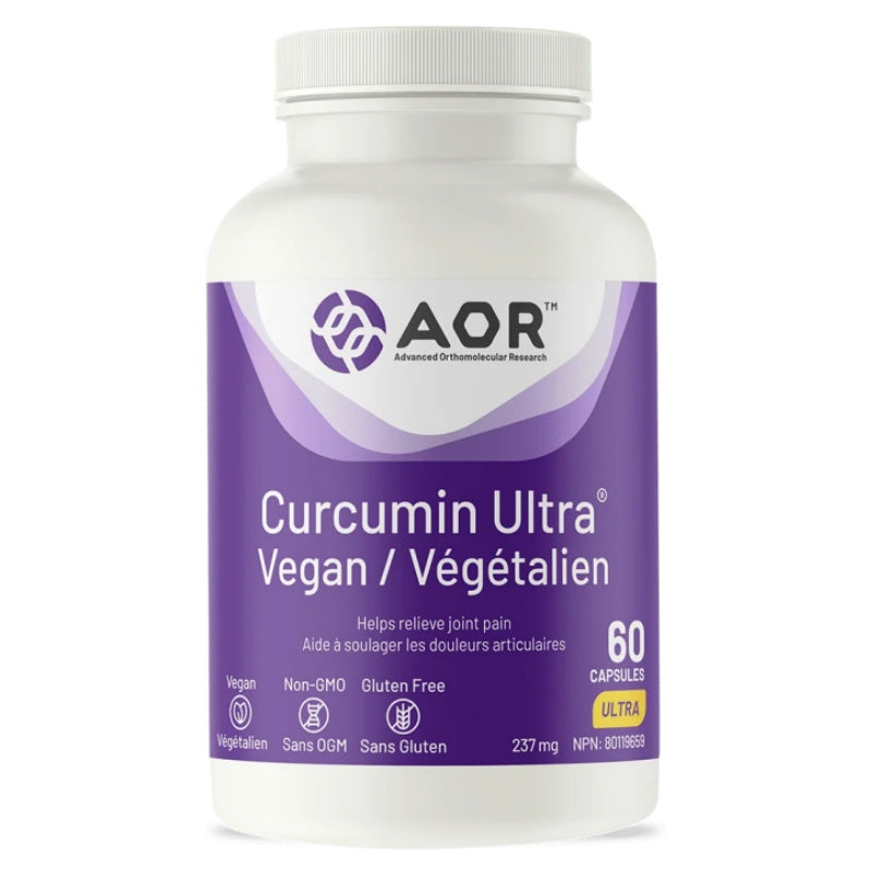 A white plastic bottle of AOR Curcumin Ultra Vegan capsules with a purple and white label, set against a plain white background. nitvd.com Canada