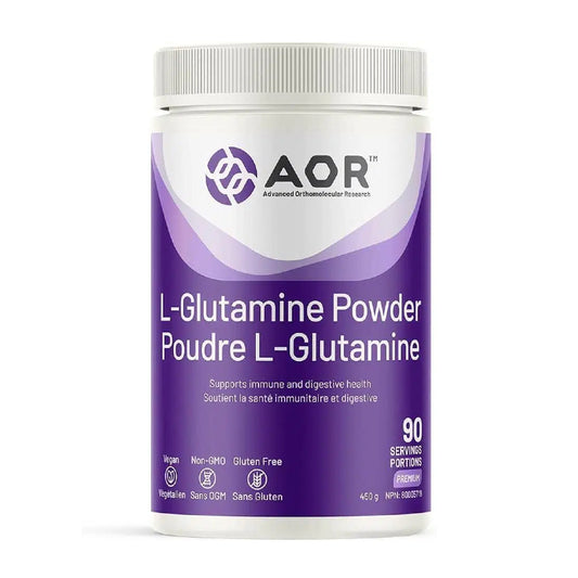 A white plastic bottle of AOR L-Glutamine Powder with a purple and white label, shown on a clean white background. nitvd.com Canada