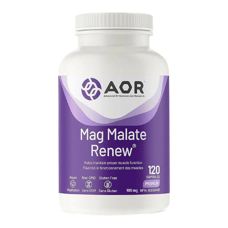 A white plastic bottle of AOR Mag Malate Renew dietary supplement with a purple and white label, containing 120 capsules. nitvd.com Canada