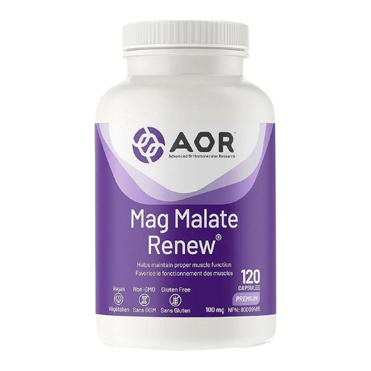 A white plastic bottle of AOR Mag Malate Renew dietary supplement with a purple and white label, containing 120 capsules. nitvd.com Canada