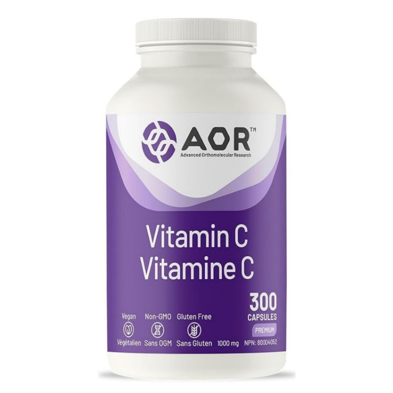 A white plastic bottle of AOR Vitamin C capsules with a purple and white label, set against a plain white background. Canadian label available online nitvd.com