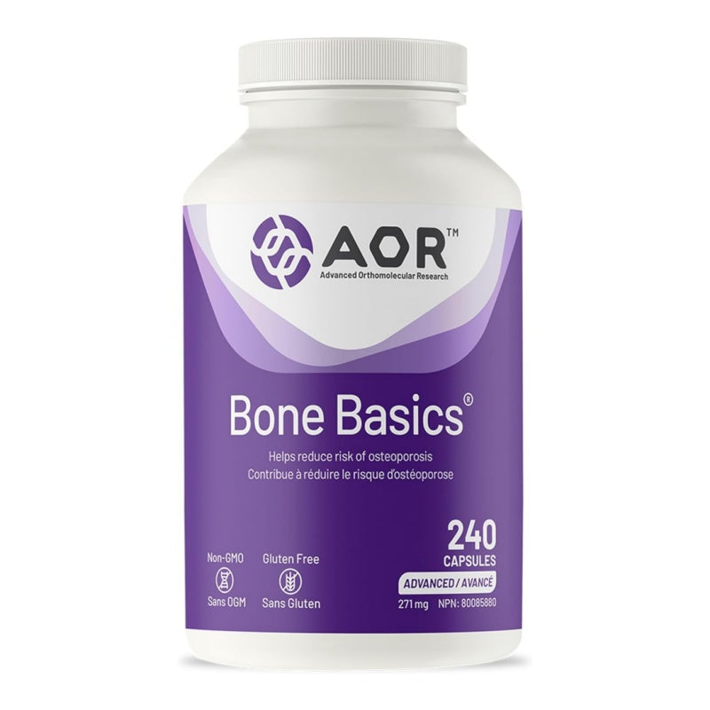 A white plastic bottle of AOR Bone Basics dietary supplements with a purple and white label, containing 240 capsules. nitvd.com Canada