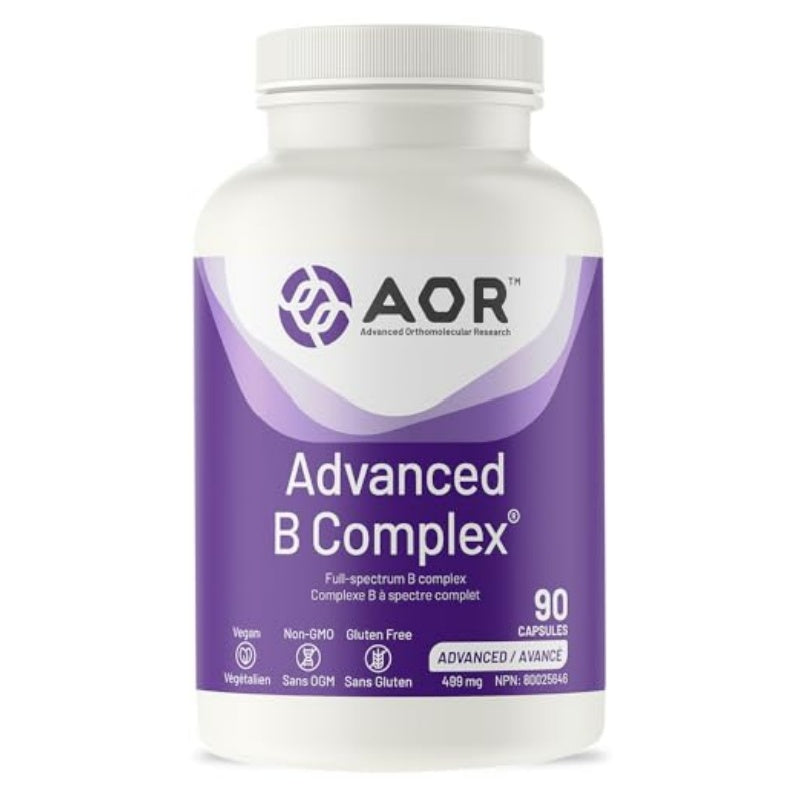 A white plastic bottle of AOR Advanced B Complex dietary supplement with a purple and white label, containing 90 capsules. Canadian label available online nitvd.com