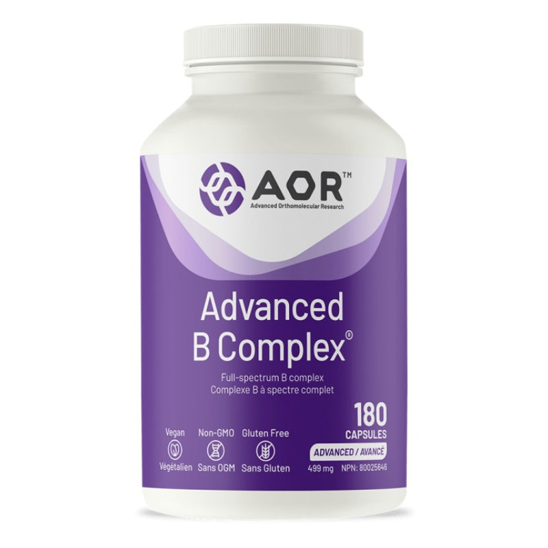 A white plastic bottle of AOR Advanced B Complex dietary supplement with a purple and white label, containing 180 capsules. Canadian label available online nitvd.com