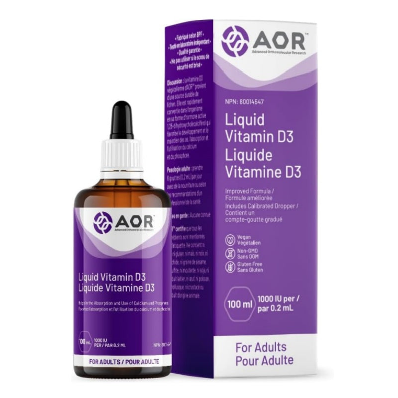 A bottle and box of AOR Liquid Vitamin D3 (Lique Vitamin D3) 100ml, featuring a purple and white label/box with an amber glass dropper bottle, on a white background. nitvd.com Canada