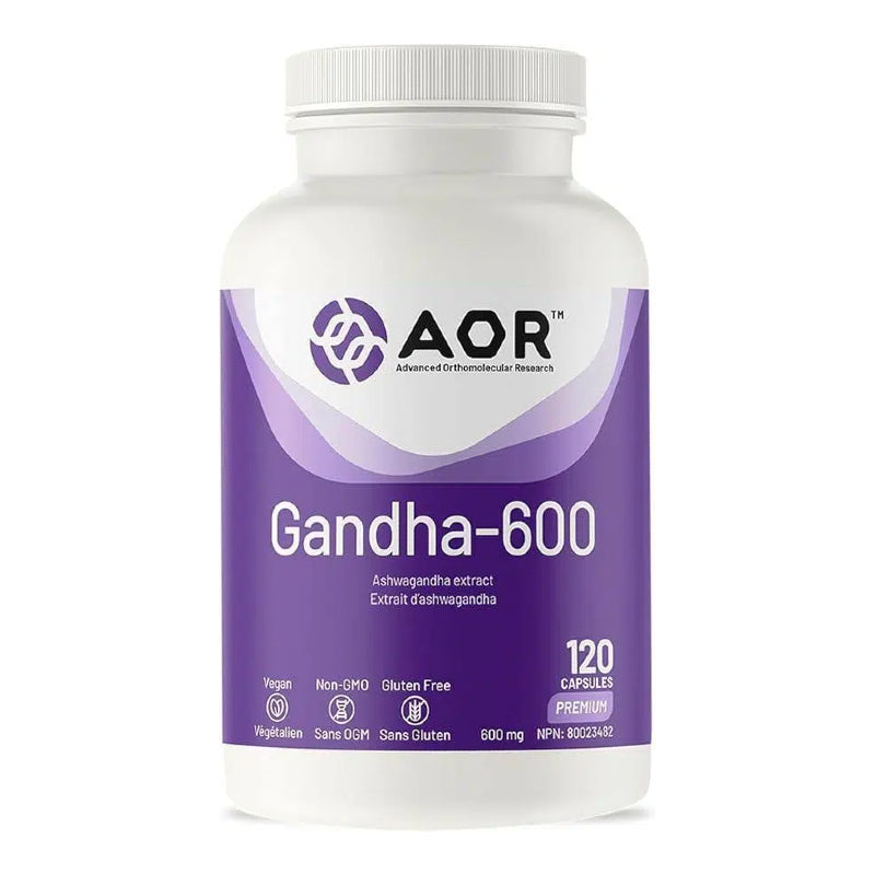 A white plastic bottle of AOR Gandha-600 capsules with a purple and white label, set against a plain white background. nitvd.com Canada