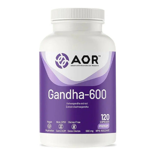 A white plastic bottle of AOR Gandha-600 capsules with a purple and white label, set against a plain white background. nitvd.com Canada