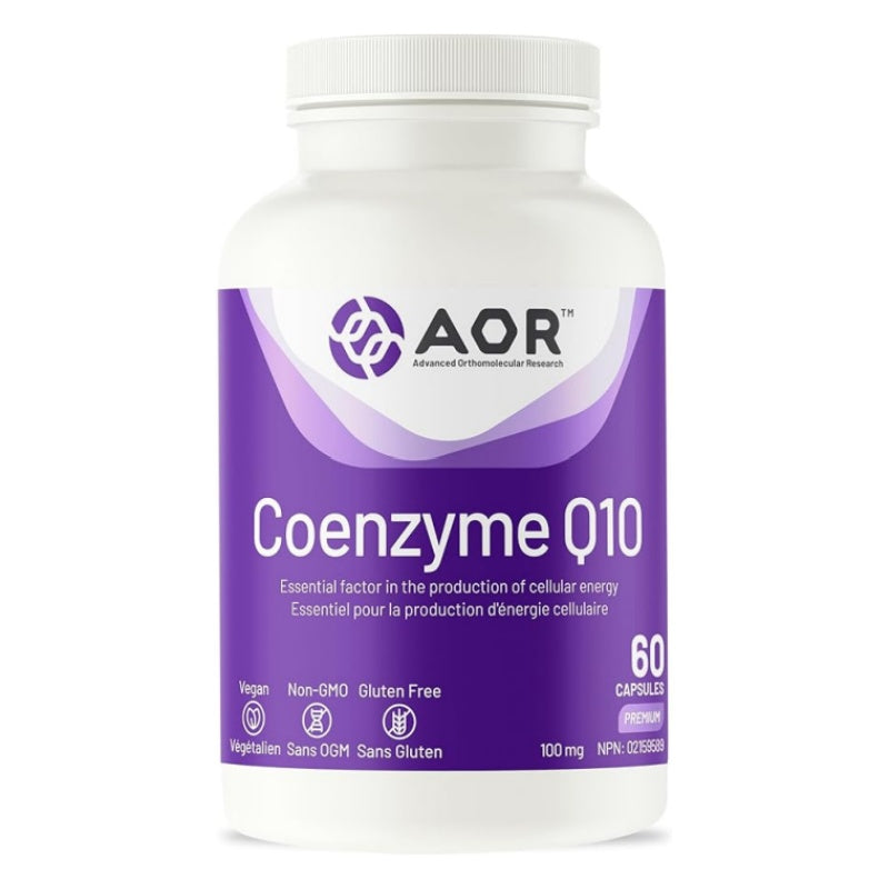 A white plastic bottle of AOR Coenzyme Q10 dietary supplement with a purple label, containing 60 capsules. nitvd.com Canada