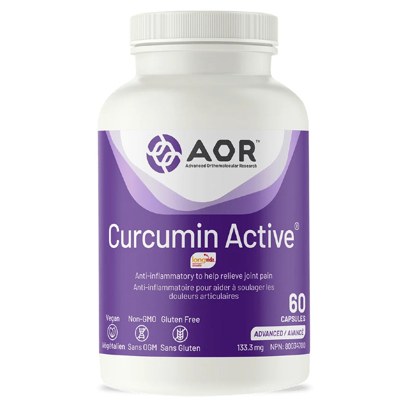 A white plastic bottle of AOR Curcumin Active dietary supplement with a purple label, shown on a clean white background. nitvd.com Canada
