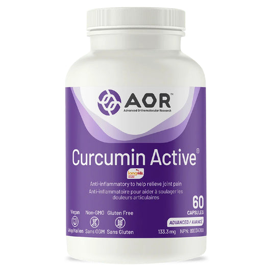 A white plastic bottle of AOR Curcumin Active dietary supplement with a purple label, shown on a clean white background. nitvd.com Canada