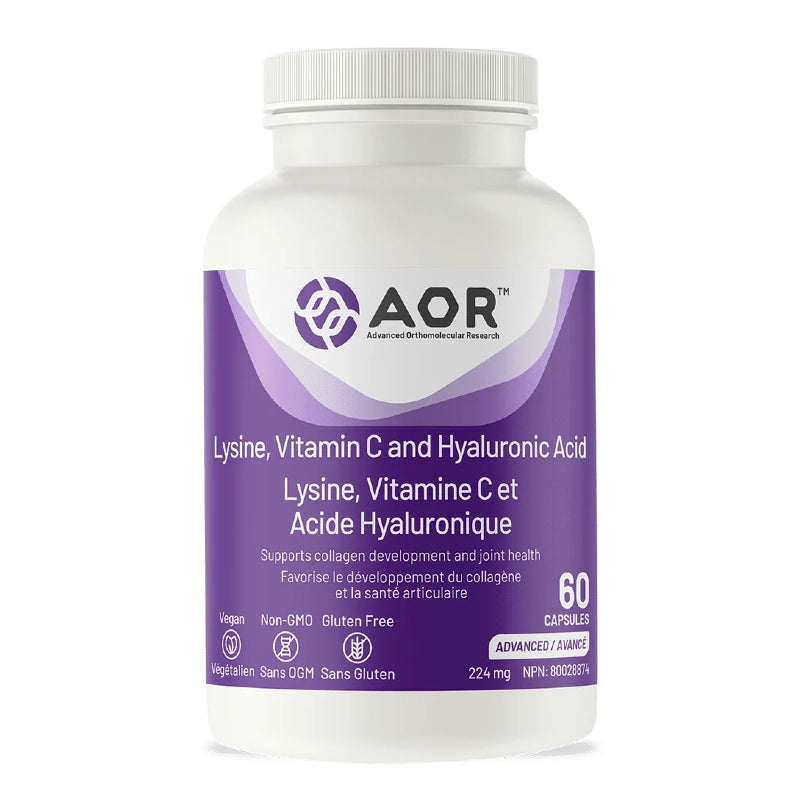 A white plastic supplement bottle with a purple and white label for AOR Lysine, Vitamin C and Hyaluronic Acid, containing 60 capsules. nitvd.com Canada