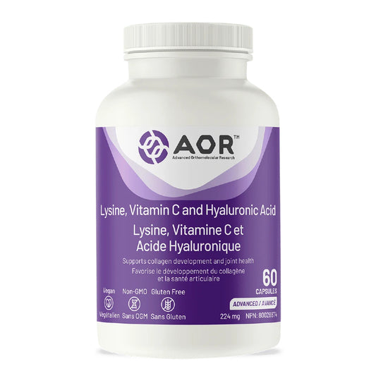 A white plastic supplement bottle with a purple and white label for AOR Lysine, Vitamin C and Hyaluronic Acid, containing 60 capsules. nitvd.com Canada