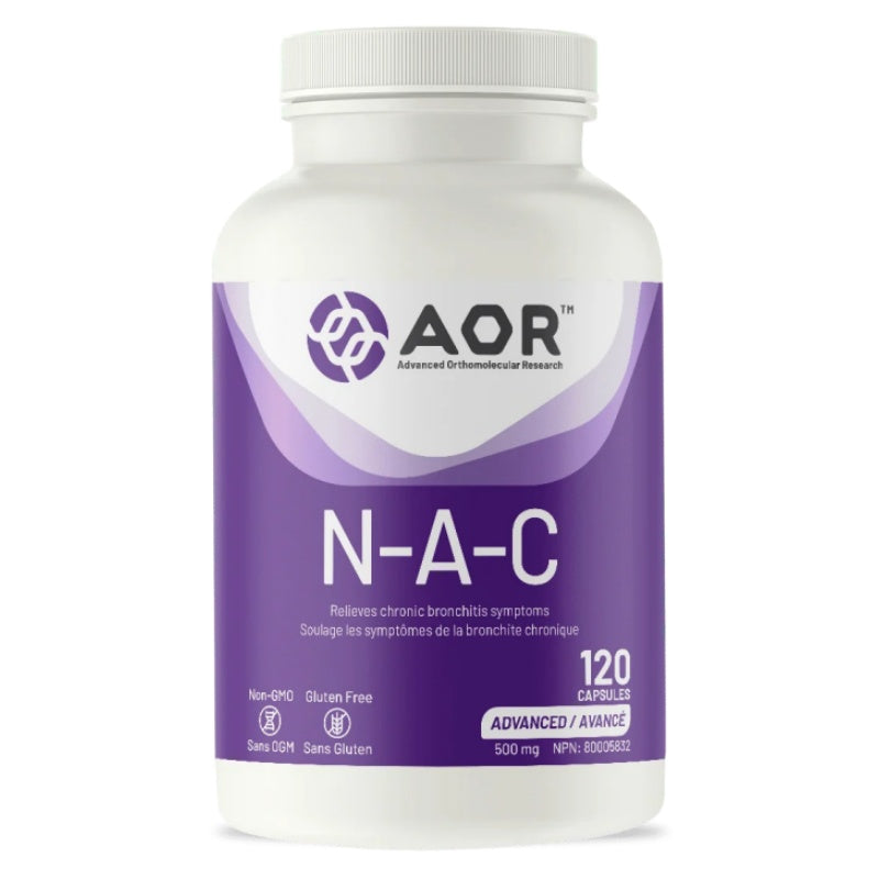 A white plastic bottle of AOR N-A-C dietary supplement capsules with a purple and white label, set against a plain white background. nitvd.com Canada