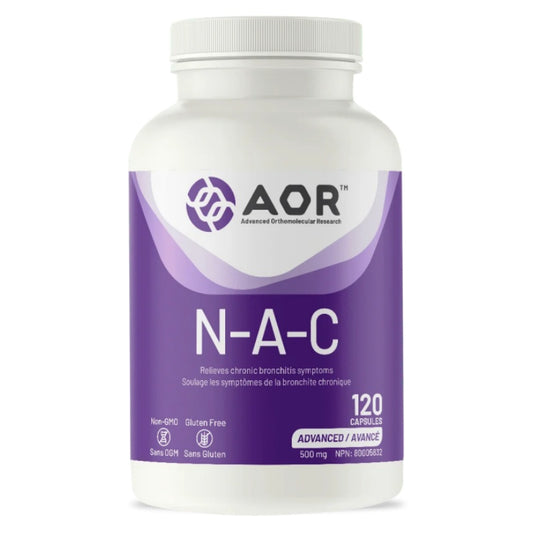 A white plastic bottle of AOR N-A-C dietary supplement capsules with a purple and white label, set against a plain white background. nitvd.com Canada