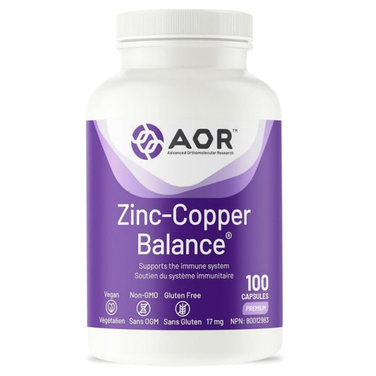 A white plastic bottle of AOR Zinc-Copper Balance dietary supplement with a purple label, shown on a plain white background. Canadian label available online nitvd.com