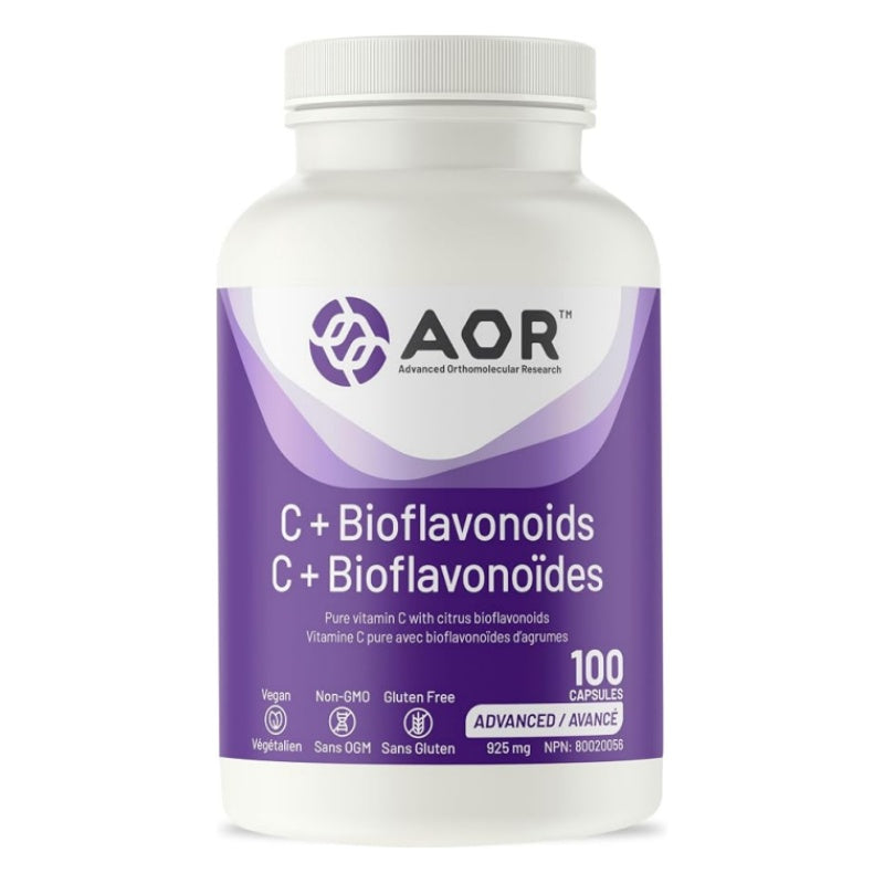 A white plastic bottle of AOR C + Bioflavonoids dietary supplement with a purple and white label, containing 100 capsules. nitvd.com Canada