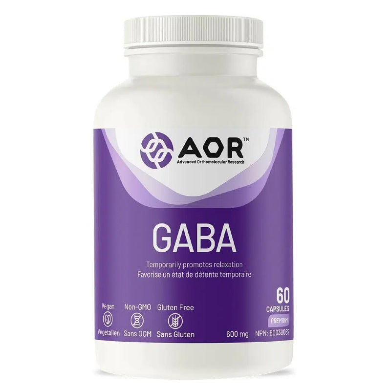 A white plastic bottle of AOR GABA dietary supplement with a purple label, shown on a clean white background. nitvd.com Canada